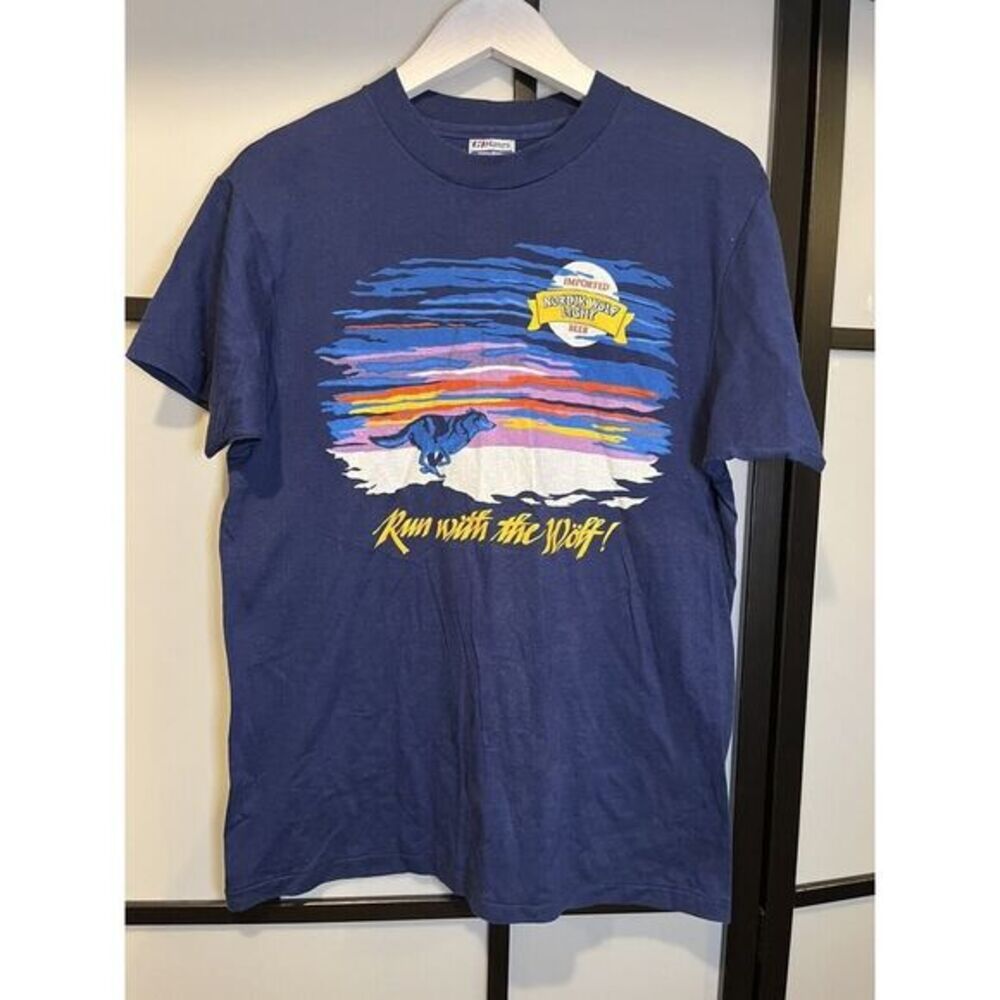 Vtg NORDIK WOLF LIGHT IMPORTED BEER T-Shirt Hanes 50/50 NORDIC 1980s SZ L